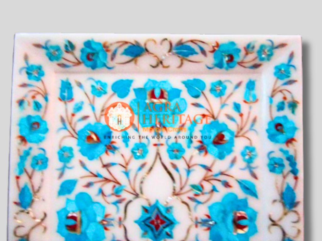 Marble White Turquoise Pietradura Art Kitchen Plate